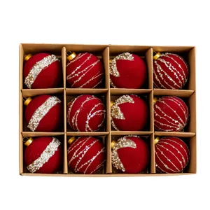 Set of 12 dark red flocked Christmas balls with pearl and glitter ornaments in box