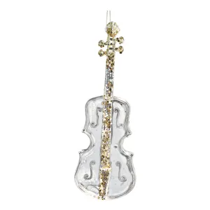 Transparent acrylic violin Christmas ornament with sparkling gold sequins for tree