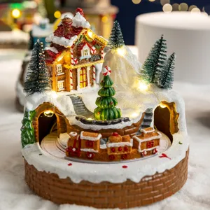 Festive Christmas musical box with rotating train, LED snow house and trees decoration.