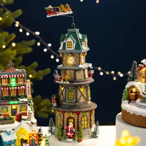 Glowing rotating Christmas village music box with festive clock tower and Santa sleigh