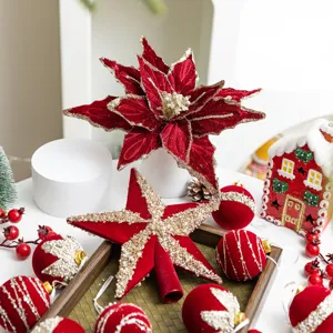 Elegant burgundy flocked Christmas tree ornament set with star topper and poinsettia