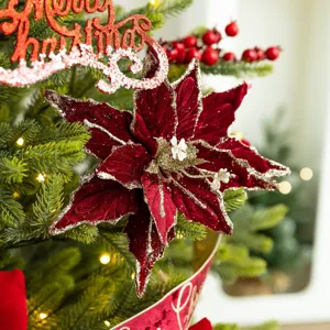 Elegant burgundy flocked poinsettia flower with gold glitter edges for Christmas trees