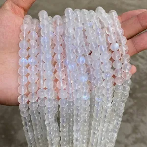Close-up detail of 7A Sri Lanka blue moonstone round beads for DIY jewelry making