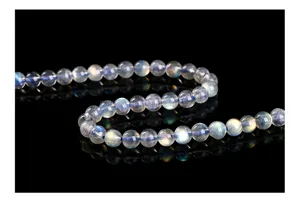 Nahaufnahme von 6mm natürlichen grauen Mondstein-Labradorit-Perlen mit blauem Glanz.