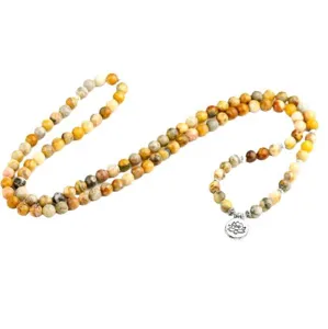 Collier mala en perles d'agate 108 perles avec pendentif lotus en alliage, bijoux bouddhistes.