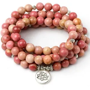 Bracciale Collana di Preghiera Mala 108 Perle in Pietra Naturale Agata Con Ciondolo Loto in Lega Gioielli da Yoga