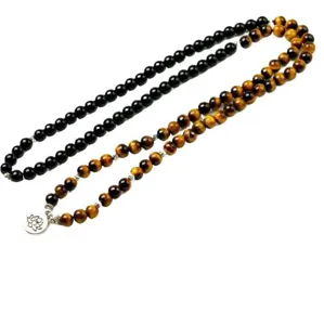 108 Perles Collier Mala en Obsidienne et Oeil de Tigre Pendentif Lotus Bouddhiste