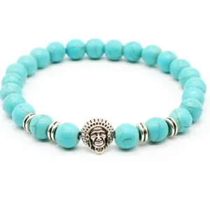 8mm turquoise beaded bracelet with silver chief charm yoga bohemian jewelry for women and men.