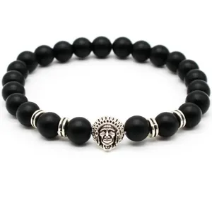 Matte black volcanic stone bead bracelet featuring silver Indian chief pendant for men