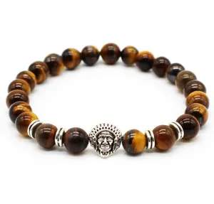 Natural Stone Beaded Bracelet Indian Chief Pendant Yoga Bracelet Agate Volcanic Stone Jewelry For Men Women Gift