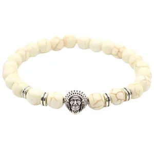 White Howlite Beaded Bracelet with Silver Indian Chief Charm Retro Tribal Jewelry for Men