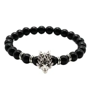 Bracciale di perle in pietra vulcanica nera con ciondolo testa di drago in argento yoga uomo