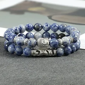 Set van 2st 8mm blauwe steen kralen armband met boedha hoofd bloem yoga sieraden
