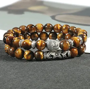 2-Delige Set Tijgeroog Kralen Armbanden met Boeddha Hoofd Bedel Yoga Meditatie Sieraden