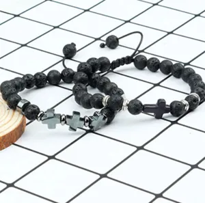 Set van 2 stuks 8mm zwarte lavasteen kralen armbanden met kruisbedels voor yoga
