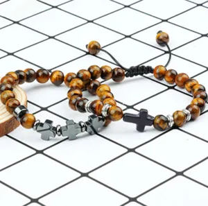 Natuursteen Vulkaansteen Agaat Kruis Armband Set Voor Mannen En Vrouwen Yoga Kralen Mode Sieraden Polsband Cadeau