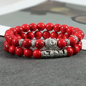 2-delige set 8mm rode kralen yoga armband met boeddha hoofd en metalen accenten