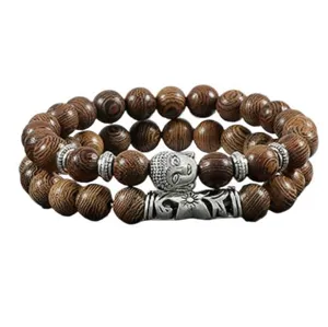 Set van 2 houten kralen armbanden met boeddha hoofd en metalen bedel, 8mm yoga sieraden.