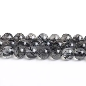Perles en Vrac Rondes en Quartz Rutilé Noir Naturel Pour la Fabrication de Bijoux Bracelet Collier DIY Accessoires en Pierre Gemme Polie de Haute Qualité