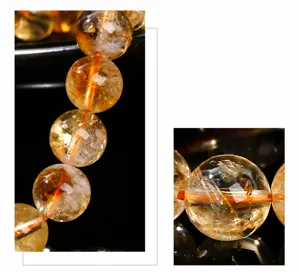 Detailed close-up showing natural inclusions and texture of yellow citrine beads.