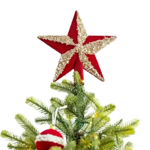 Burgundy red velvet Christmas tree topper star with gold bead embroidery on pine tree.
