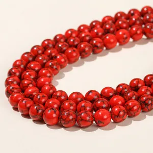 High-quality synthetic red turquoise round beads with black veins for DIY jewelry making