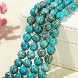Loose round blue turquoise stone beads with matrix for DIY jewelry making and bracelets