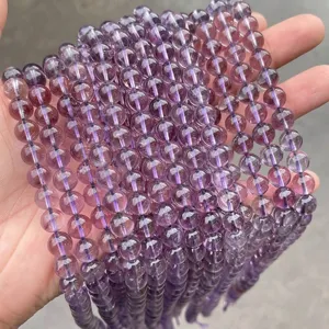 Detail macro view of high-quality natural purple amethyst round crystal beads strands.