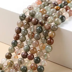 Cuentas Sueltas Redondas de Cuarzo Rutilado Rojo Verde Natural para Creación de Joyas DIY Pulsera Collar Artesanía