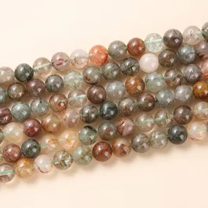 Cuentas redondas de cuarzo rutilado rojo y verde natural para creación de joyas DIY
