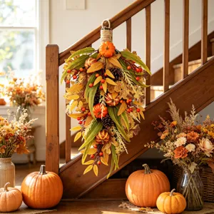 Detalle de adorno otoñal colgante con calabazas y bayas decorativas en una escalera.