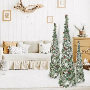 3er-Set schneebedeckte spiralförmige Weihnachtsbäume mit Zapfen und roten Beeren