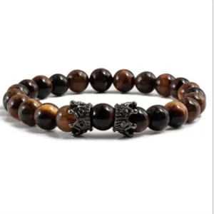 Bracelet de perles en pierre naturelle avec charms couronne noire vintage pour méditation yoga