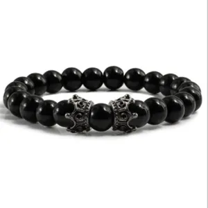 Bracelet de perles de pierre noire 8mm avec breloques couronne pour hommes femmes