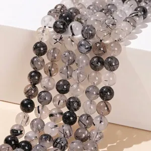 Natural Black Rutilated Quartz Loose Beads Round Smooth Faceted Energy Stone Crystal For DIY Jewelry Making Bracelet Necklace Handmade Accessories