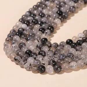 Natural black rutilated quartz round beads for DIY jewelry making and unique crafts