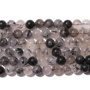 High quality natural black rutilated quartz round loose beads for DIY jewelry making