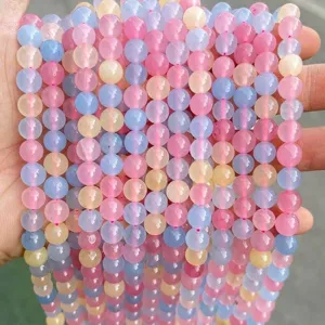 Filo di perle rotonde di calcedonia pastello multicolore per la creazione di gioielli