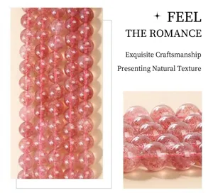 Macro detail of natural strawberry crystal round beads showing fine texture for DIY jewelry