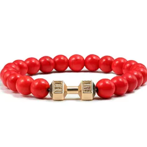 Rode steen kralen yoga armband met gouden dumbbell bedel fitness sieraden detail