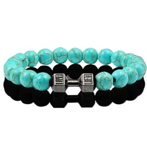 Turkoois en zwarte obsidiaan kralen armband met dumbbell bedel voor yoga fitness sieraden