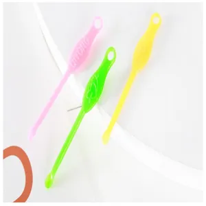 Plastic ear picks detail view, colorful portable curette tool with hanging hole design.