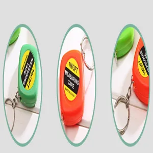 Detail view of portable mini 1m tape measure with keychain, compact and convenient everyday tool.