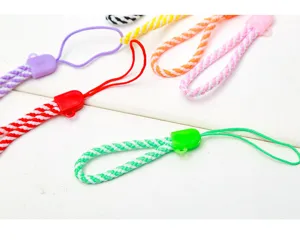 Gedetailleerd uitzicht van gekleurd gevlochten korte telefoonpolsband, draagriem accessoire.