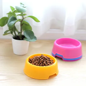 Colorful plastic pet bowl for dogs and cats, round candy color feeding dish for daily use.