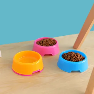 Colorful plastic pet bowls set, round candy color dog and cat food bowls for daily feeding.