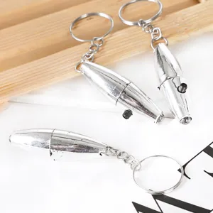 Portable mini bullet LED money detector keychain, compact silver metal utility light tool.