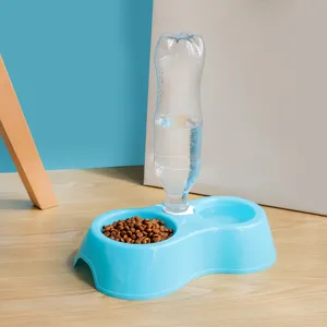 Pet double bowl water dispenser, plastic dog and cat feeding food bowl with automatic bottle.