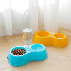 Double pet bowl with water bottle automatic dispenser for cats and dogs feeding