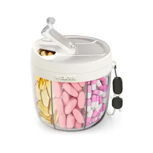 Portable 3-compartment clear pill organizer box for travel and daily medication storage.